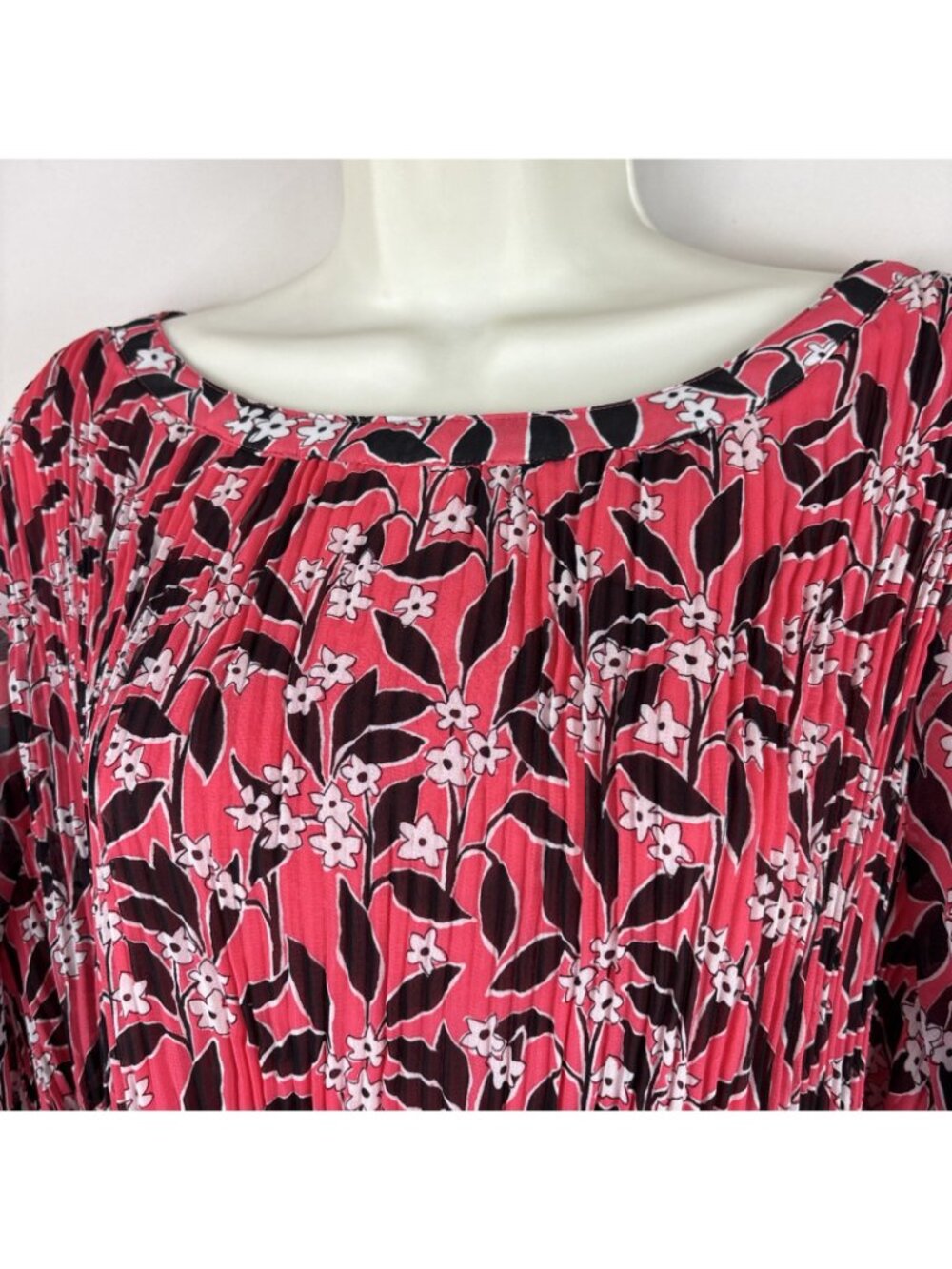 Lane Bryant 18 20 Pink Black Floral Pleated Chiffon Blouse Belted Top Lined - Picture 2 of 7
